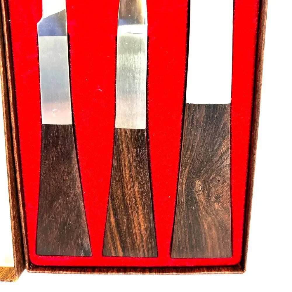 Vintage Burnco Slice-Peel & Serve Set 3 Piece Stainless Japan Teak Handles Box